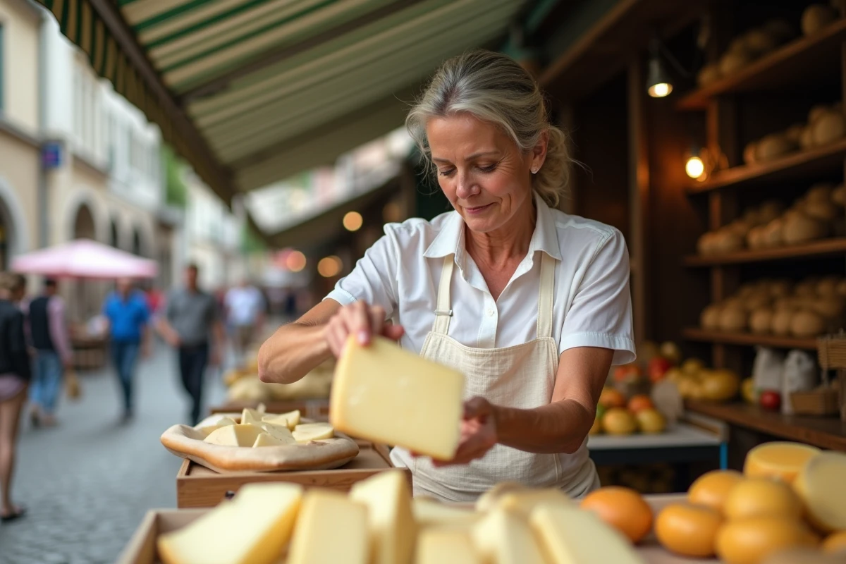 Fromagère tenant un morceau de Beaufort AOP sur un marché de village alpin en France
