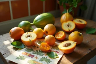 Assortiment de fruits commençant par la lettre I disposés sur une table en bois avec un tableau botanique imprimé