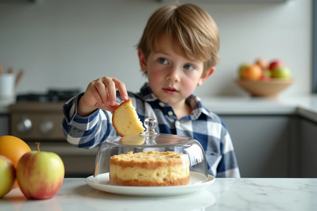 Jeune garçon atteint une part de gâteau dans la cuisine