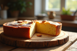 Gâteau basque aux amandes fraîchement cuit sur une table en bois