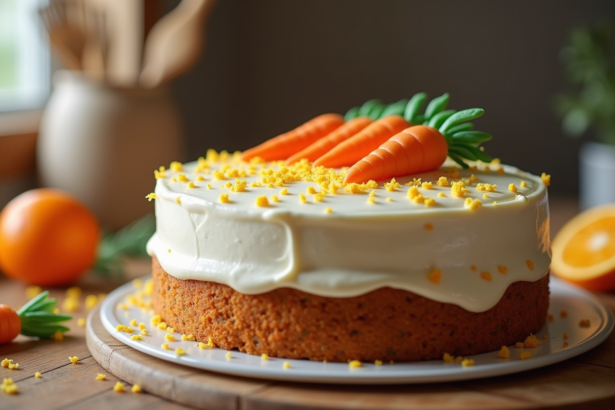 Gâteau aux carottes décoré avec glaçage et petites carottes en fondant