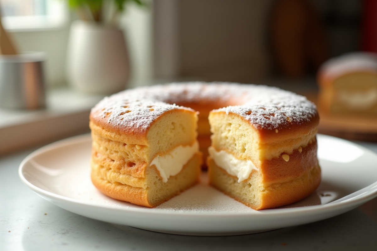Gâteau dacquoise frais tranché sur une assiette blanche