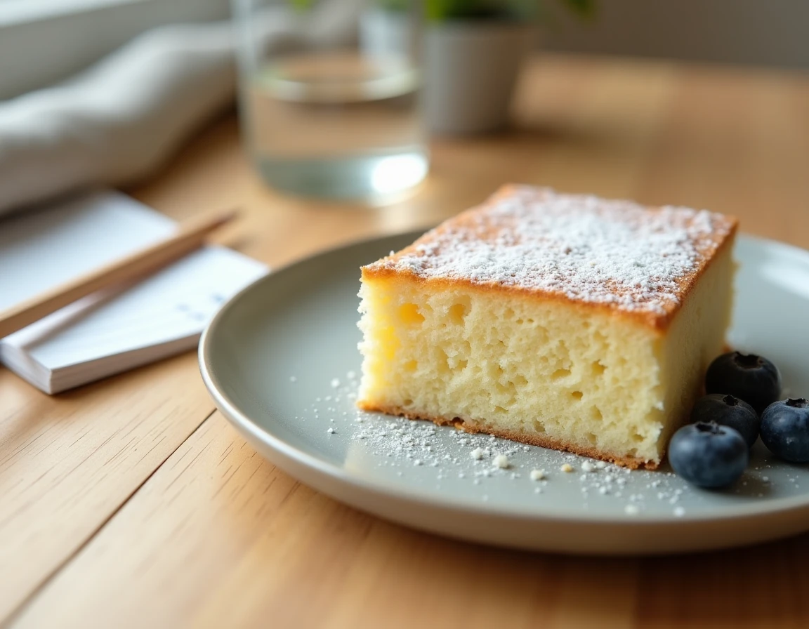 Gâteau industriel peu calorique non emballé sur une assiette avec carnet de suivi calorique pour régime strict, vue de dessus