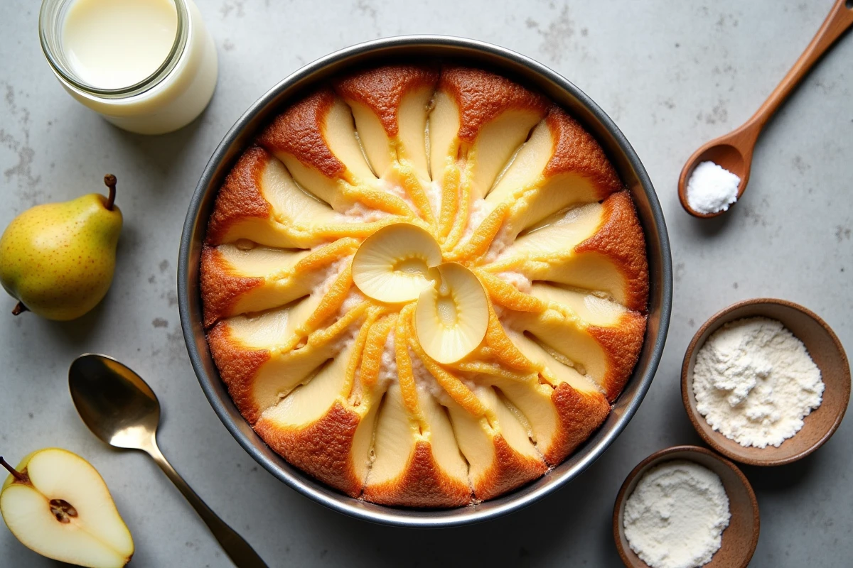 Vue de dessus d'un gâteau poire yaourt à la cuillère dans un moule à charnière entouré d'ingrédients mesurés à la cuillère