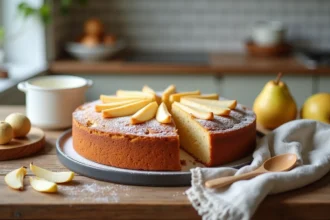 Gâteau poire yaourt moelleux entier sur une table en bois rustique avec une tranche découpée révélant un intérieur fondant