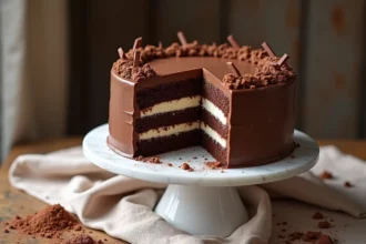 Gâteau aux trois chocolats entier sur un présentoir en marbre blanc avec glaçage ganache et copeaux de chocolat
