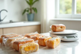 Sélection de gâteaux industriels peu caloriques emballés sur un comptoir en marbre blanc avec une balance de cuisine, idéal pour un régime strict