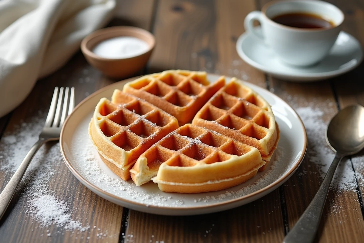 Gaufre dorée et croustillante sur assiette blanche avec sucre glace, vue de dessus style petit-déjeuner rustique