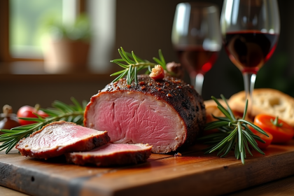 Côte de gigot d'agneau rôtie avec vin et romarin
