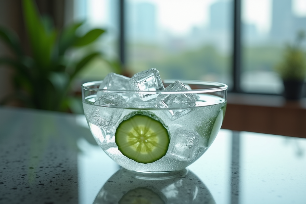 Bol de glaçons avec une tranche de concombre sur un plan de travail