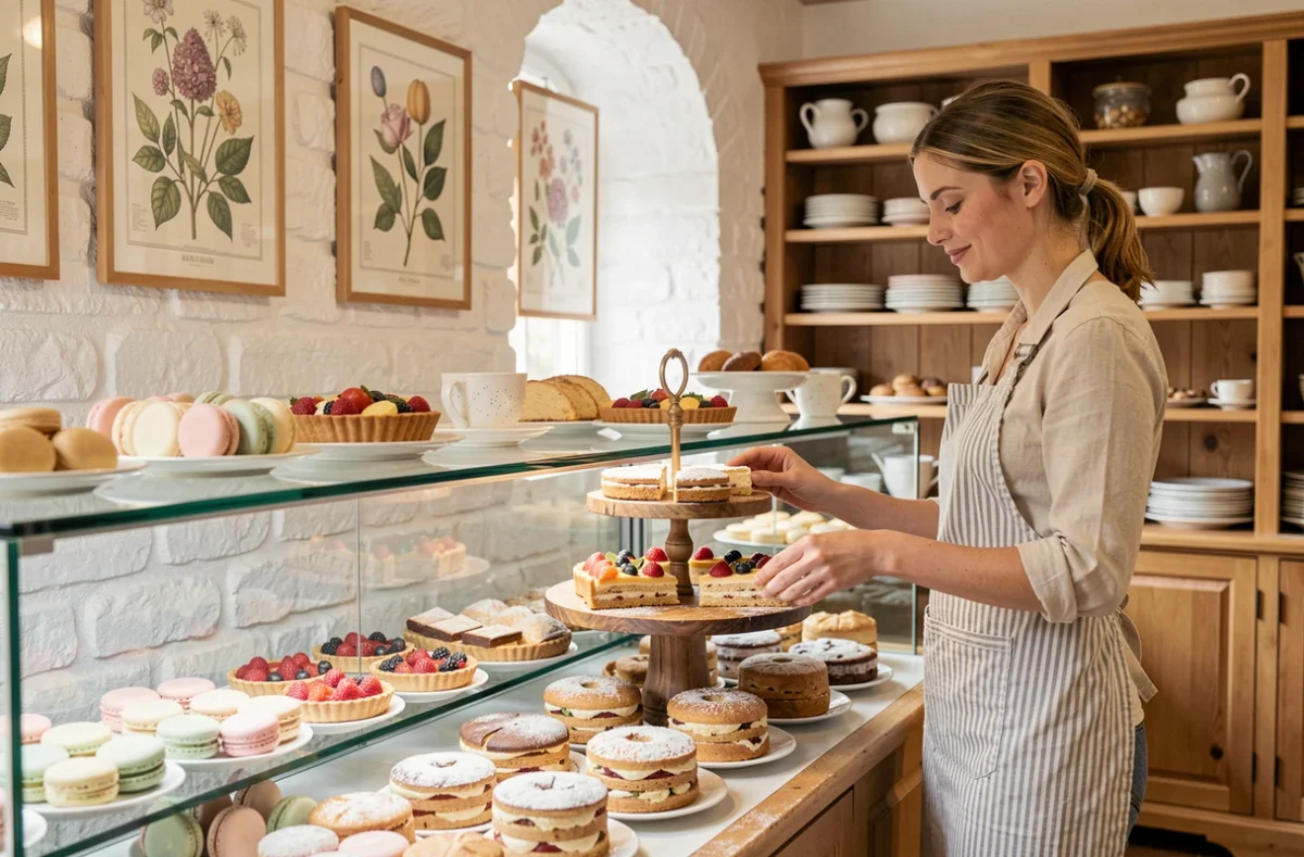 Vitrine de pâtisseries artisanales chez Gourmandises de Giverny avec desserts normands exposés