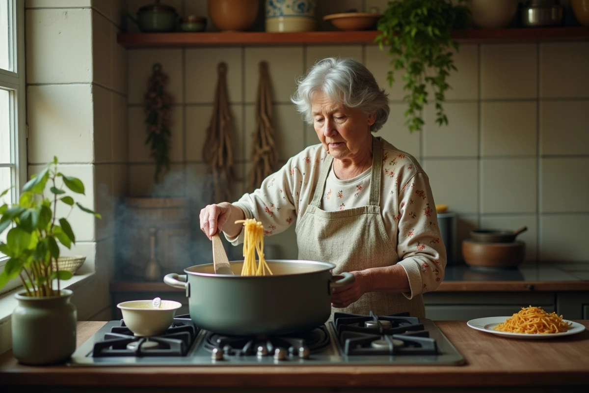 Grand-mère préparant une soupe vermicelle sans gluten sur une cuisinière vintage, remuant le bouillon avec une cuillère en bois dans une cuisine traditionnelle carrelée