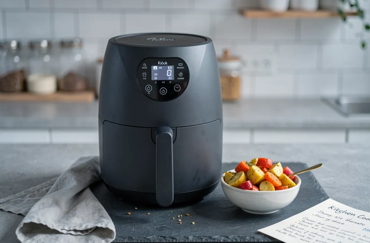 Gros plan d'un airfryer Kitchencook posé sur un plan de travail ardoise avec des légumes colorés et une carte de recette manuscrite