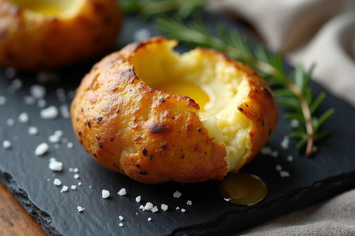 Gros plan d'une pomme de terre écrasée croustillante avec peau sur une ardoise, sel et thym frais