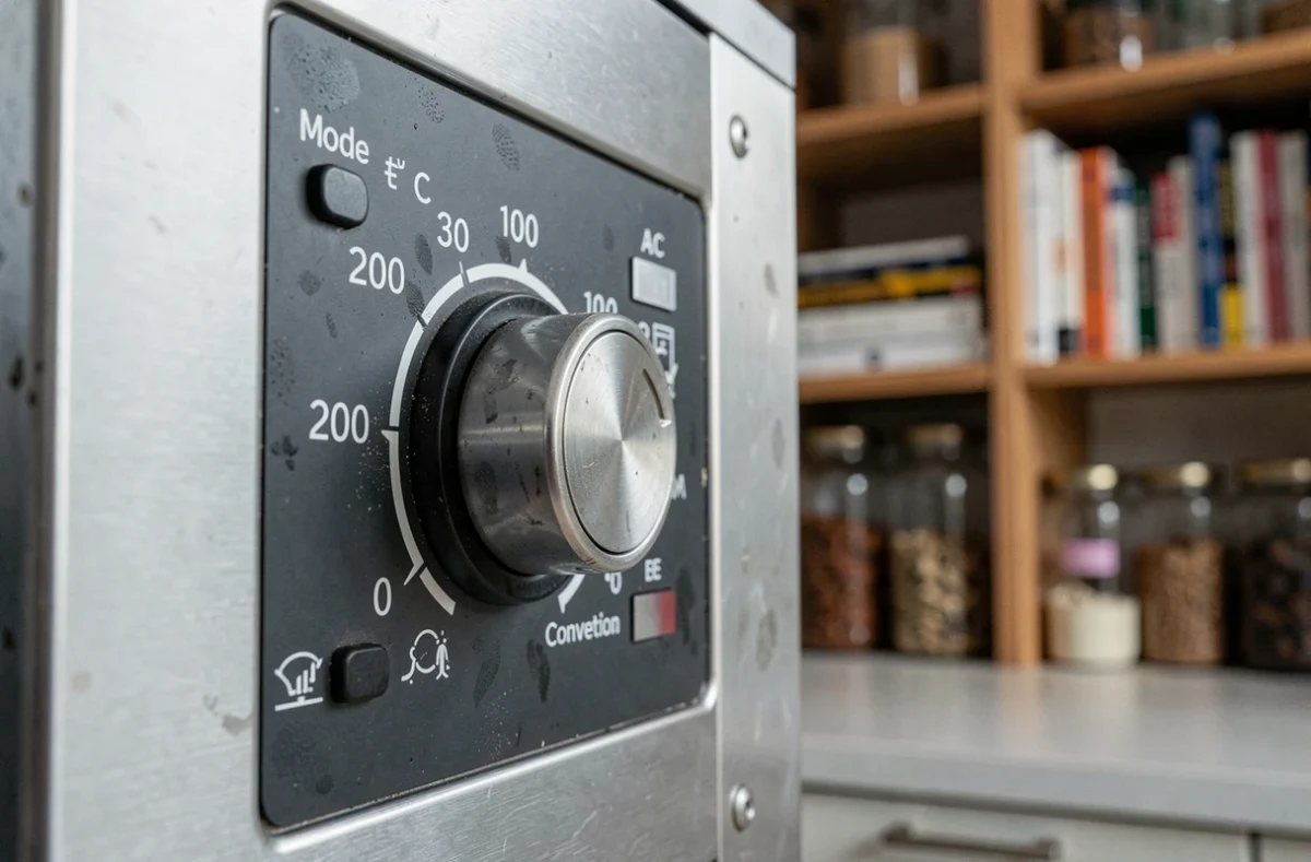Gros plan sur le thermostat d'un four mixte réglé à 200 degrés Celsius
