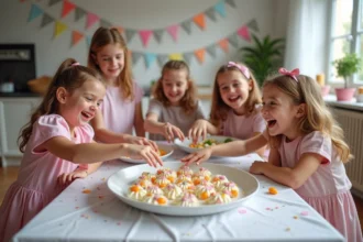 Enfants joyeux autour d'un buffet d'anniversaire avec treats colorés