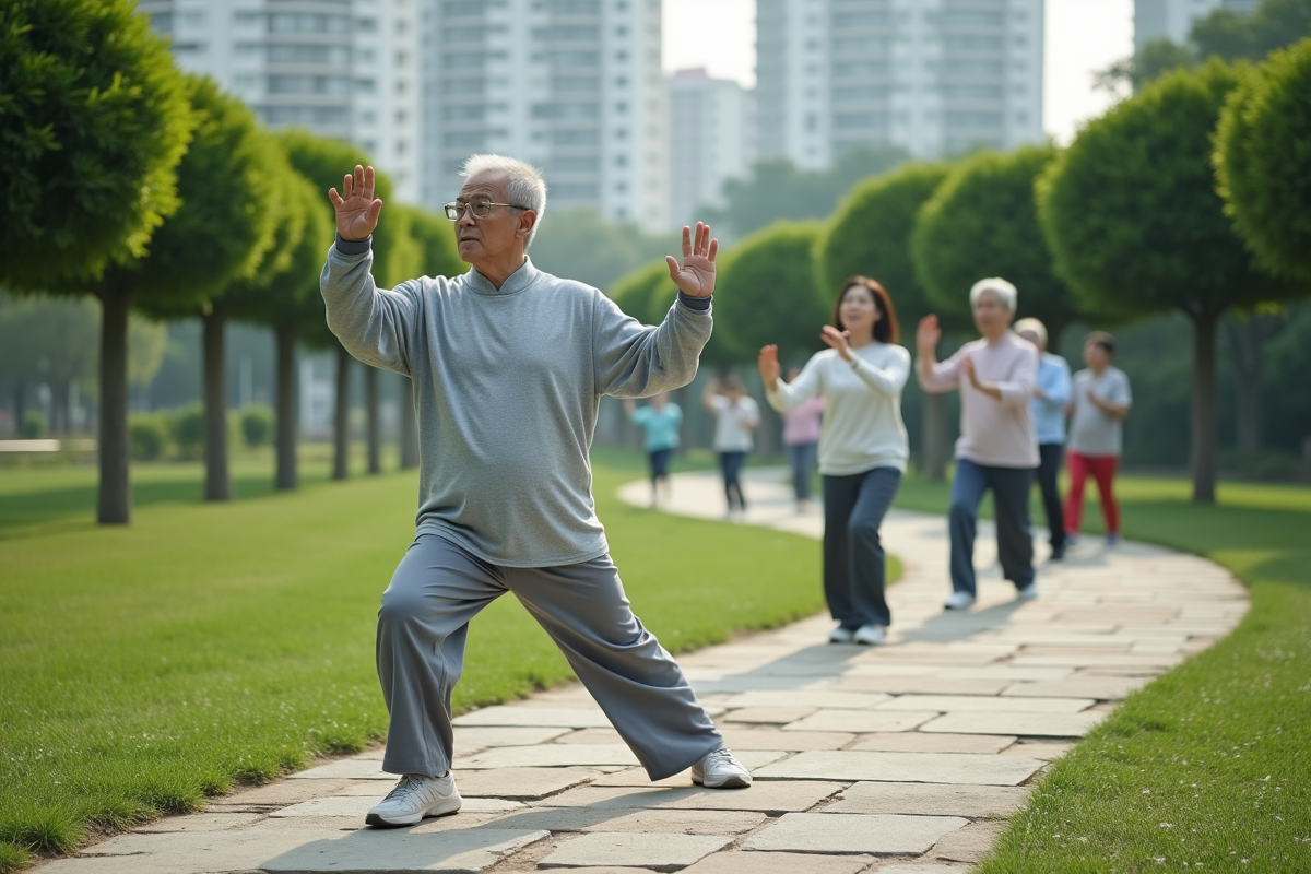 Seniors chinois pratiquant le tai chi dans un parc urbain