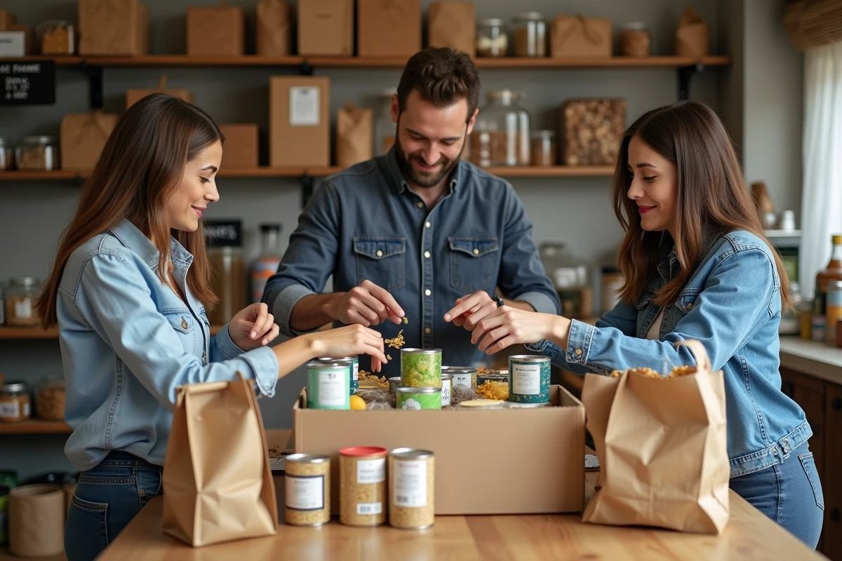 Groupe de personnes triant des produits alimentaires invendus dans un magasin coopératif anti-gaspillage