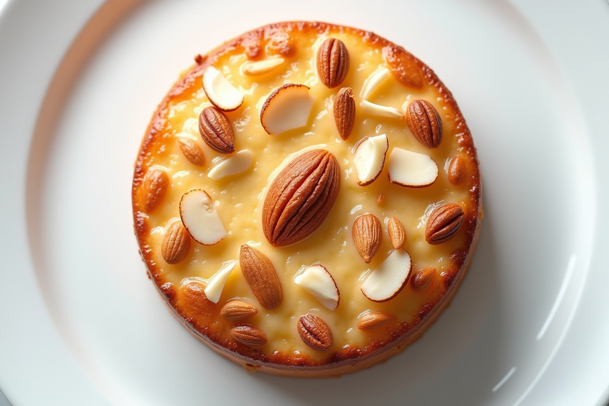 Gâteau basque aux amandes présenté sur une assiette blanche