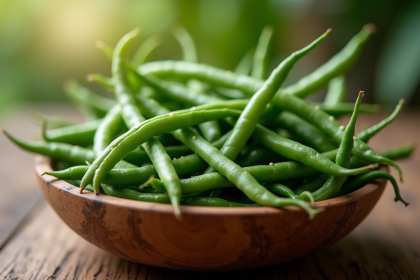 Haricots verts frais dans un bol en bois rustique
