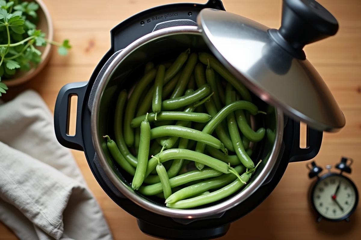 Gros plan d'une cocotte-minute ouverte avec des haricots verts cuits vapeur à l'intérieur sur une table en bois