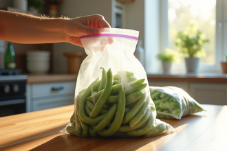 Haricots verts frais dans un sac de congélation sur un plan de travail