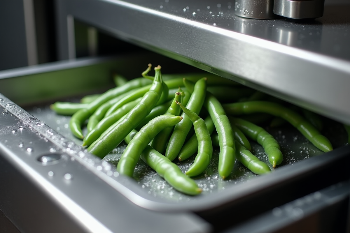 Haricots verts sur une plaque avant congélation rapide