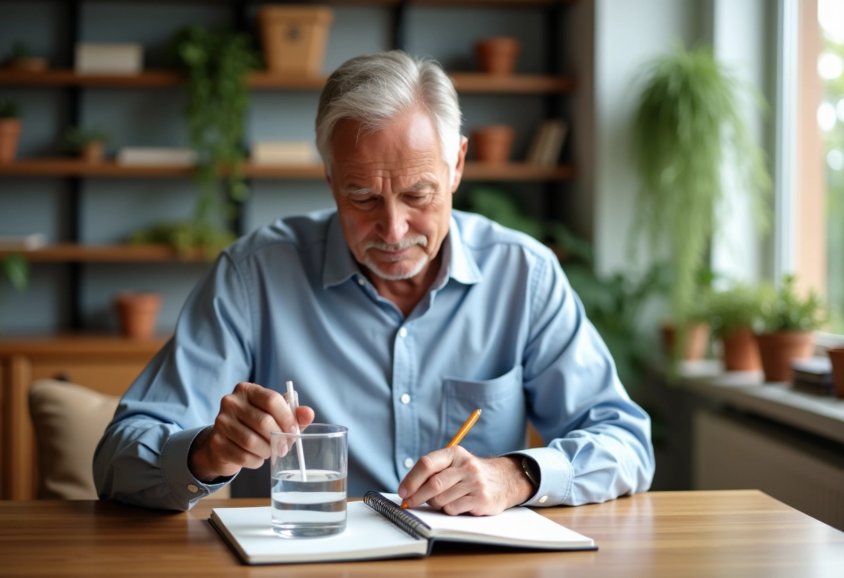Homme âgé verse de leau dans un verre mesureur en prenant des notes