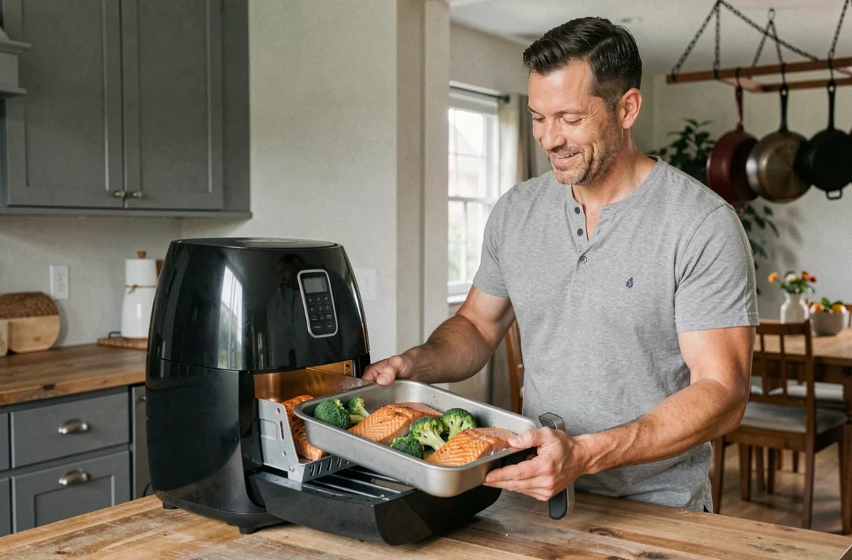 Homme retirant du saumon et des brocolis dorés d'un airfryer ouvert sur un îlot de cuisine en bois