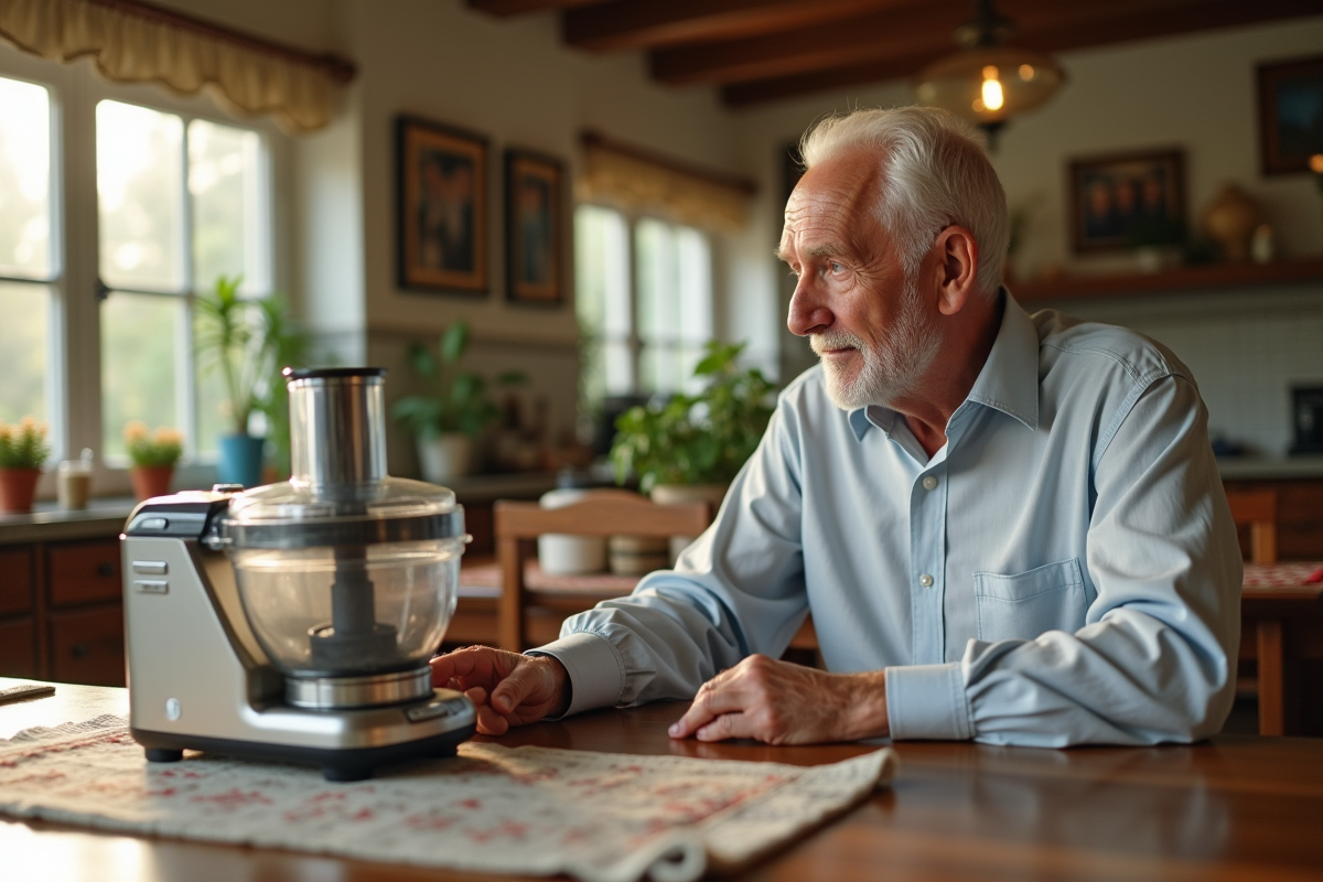 Homme âgé inspectant un robot culinaire ancien à la table