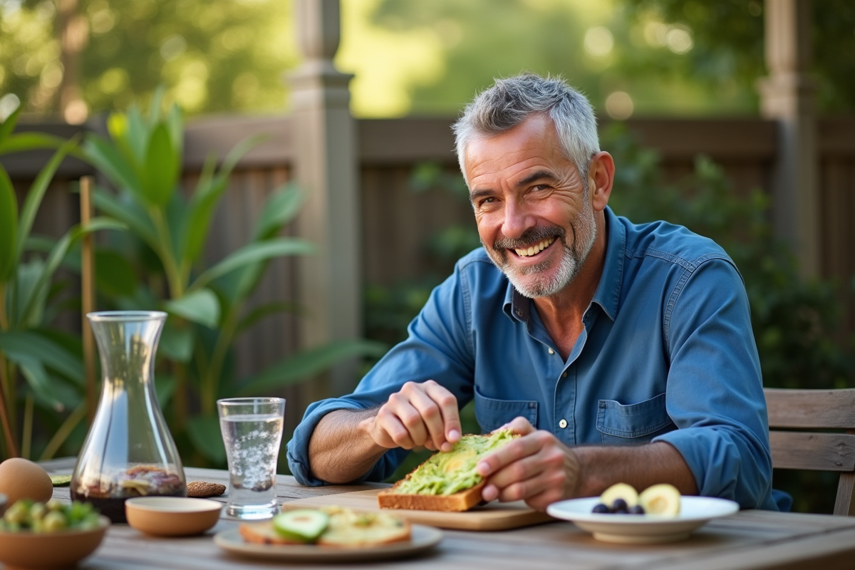 Homme étalant de l avocat sur du pain keto en extérieur