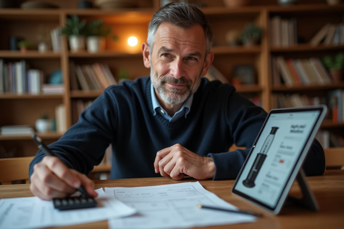 Homme analysant le budget d'achat d'un robot cuiseur Thermomix avec tablette et notes manuscrites