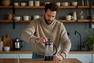 Homme d'âge moyen pressant une cafetière française dans la cuisine