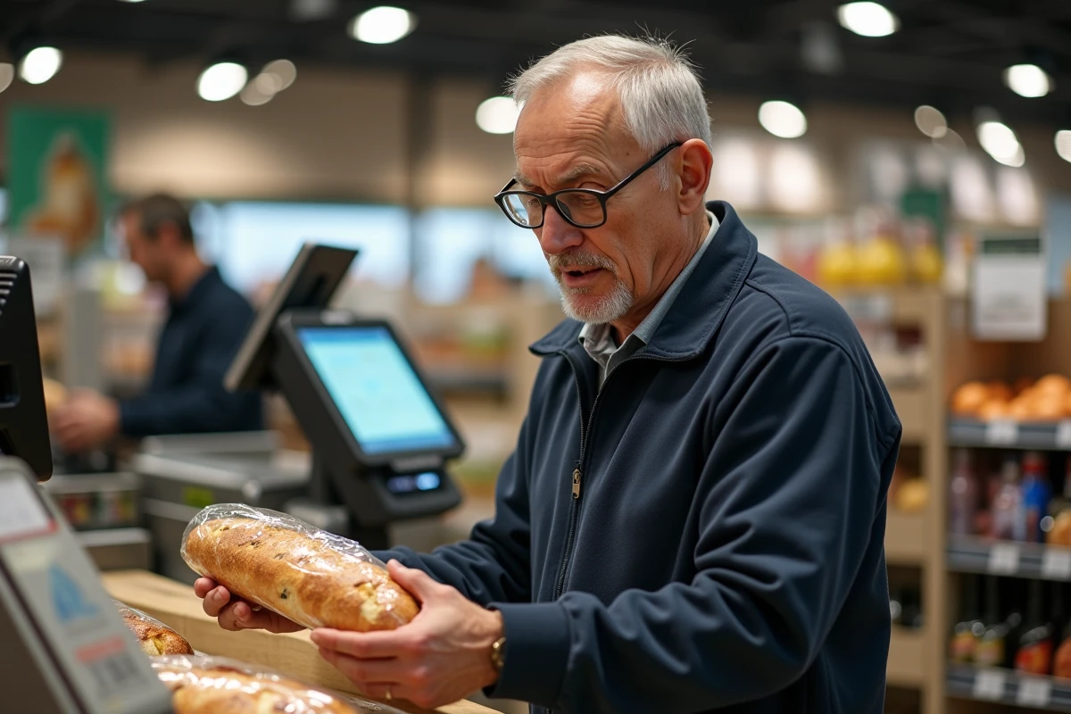 Homme à la caisse d'un supermarché regardant le prix affiché d'une baguette sur l'écran de paiement