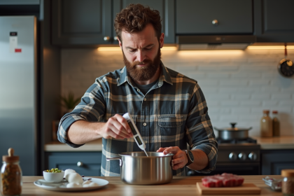 Homme barbu calibrant un thermometre de cuisine dans une cuisine moderne