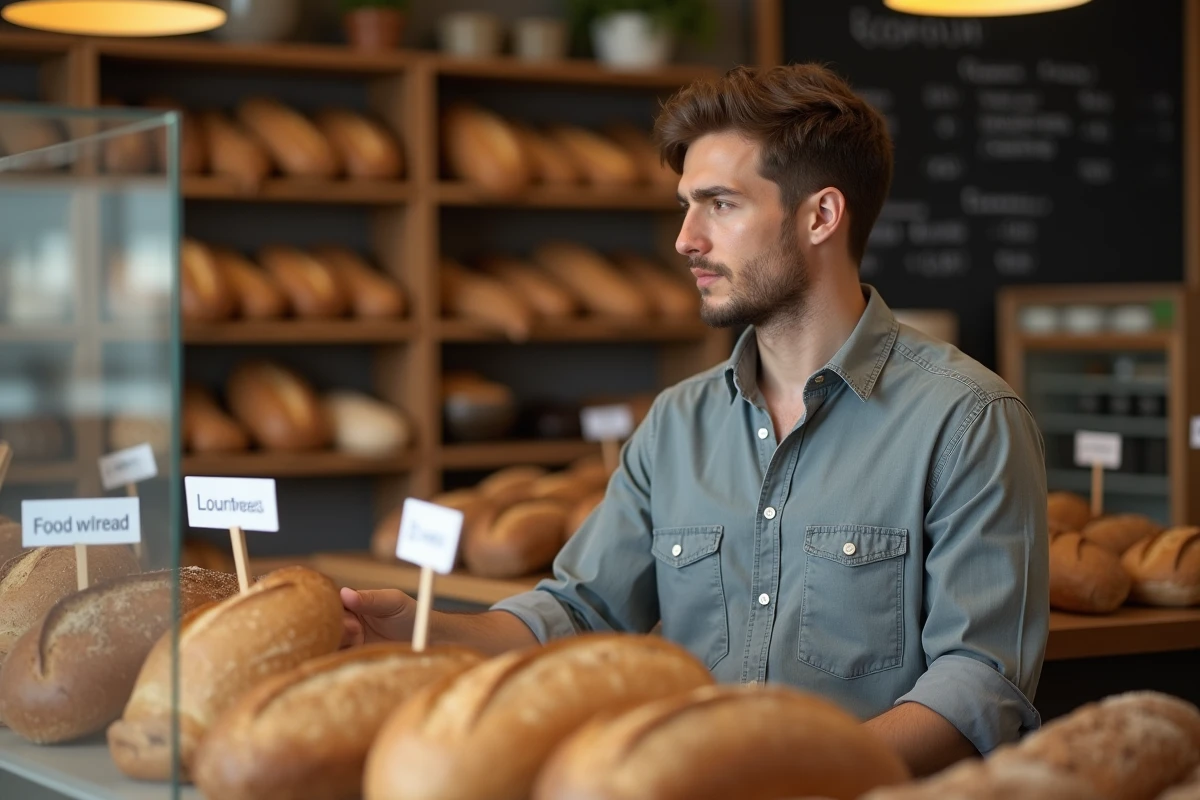 Jeune homme choisissant du pain keto dans une boulangerie artisanale