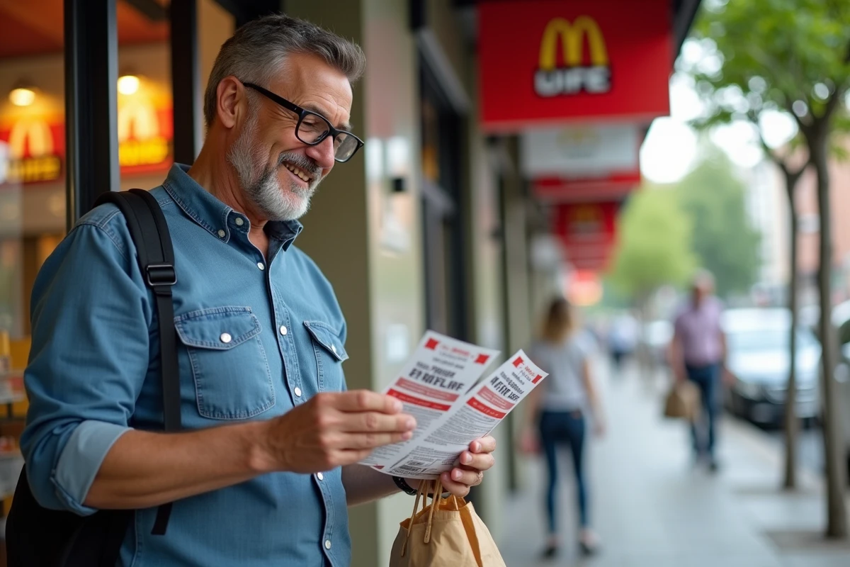 Homme avec coupons et sac de nourriture devant un fast food