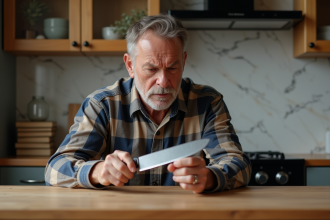 Homme moyenâgeux examinant un couteau de cuisine dans une cuisine moderne