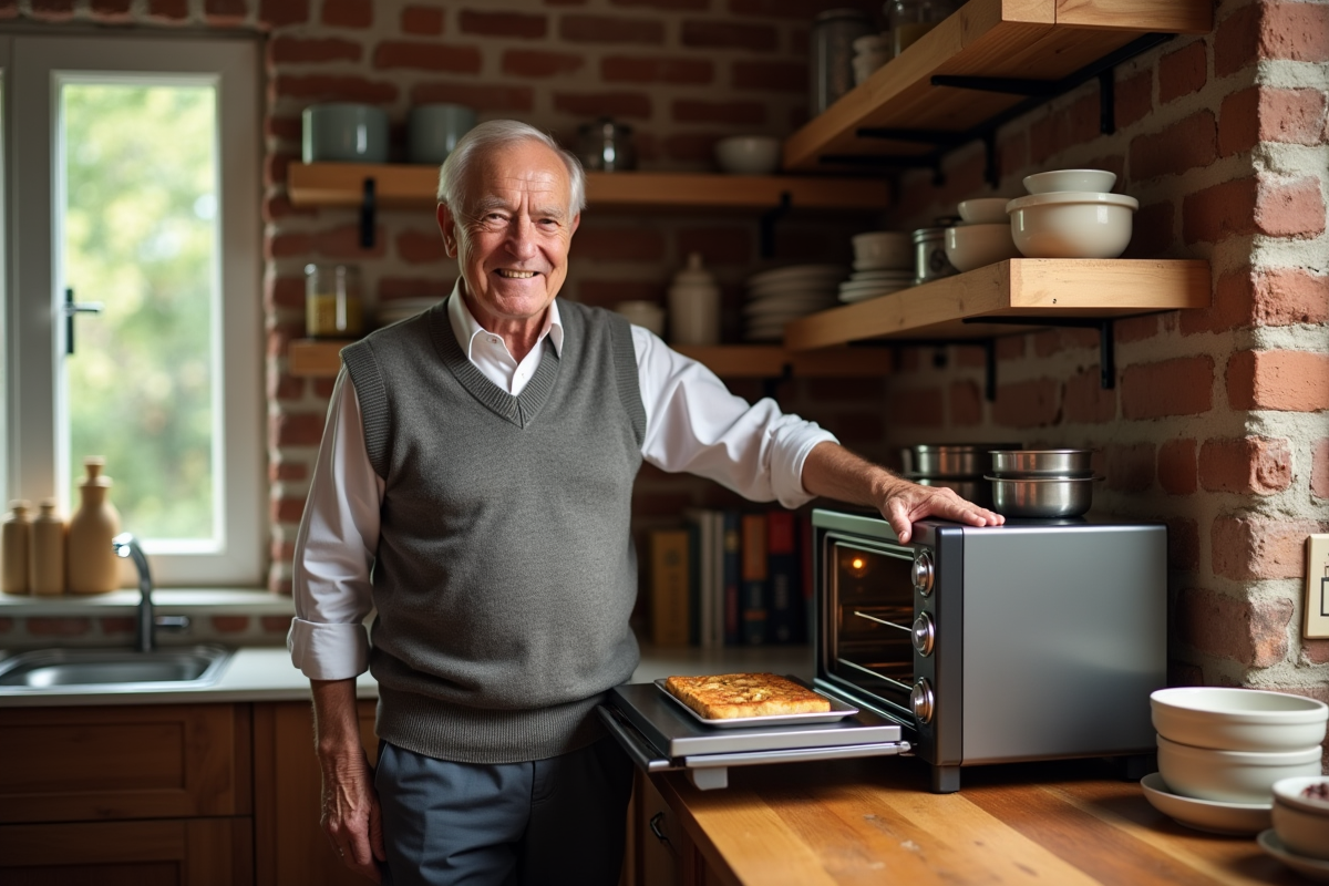 Homme âgé ouvrant un four de comptoir dans une cuisine rustique chaleureuse