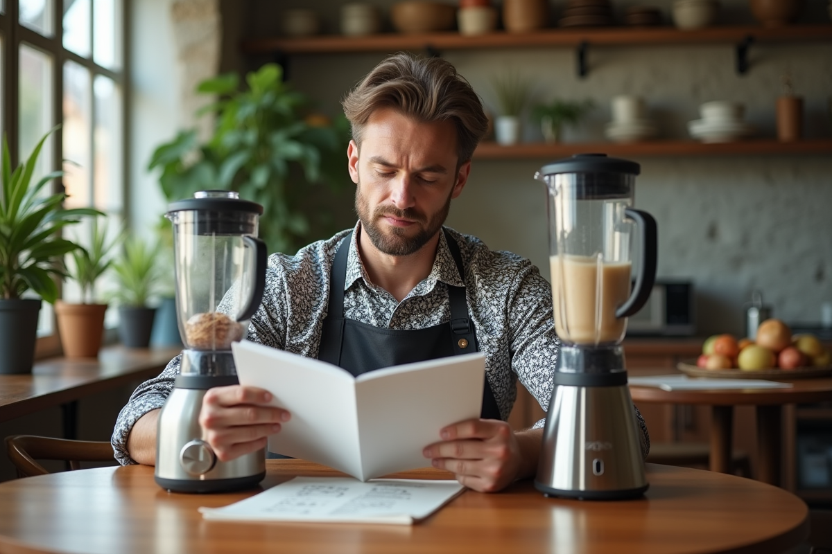 Homme lisant un guide avec un mixeur et un blender sur la table