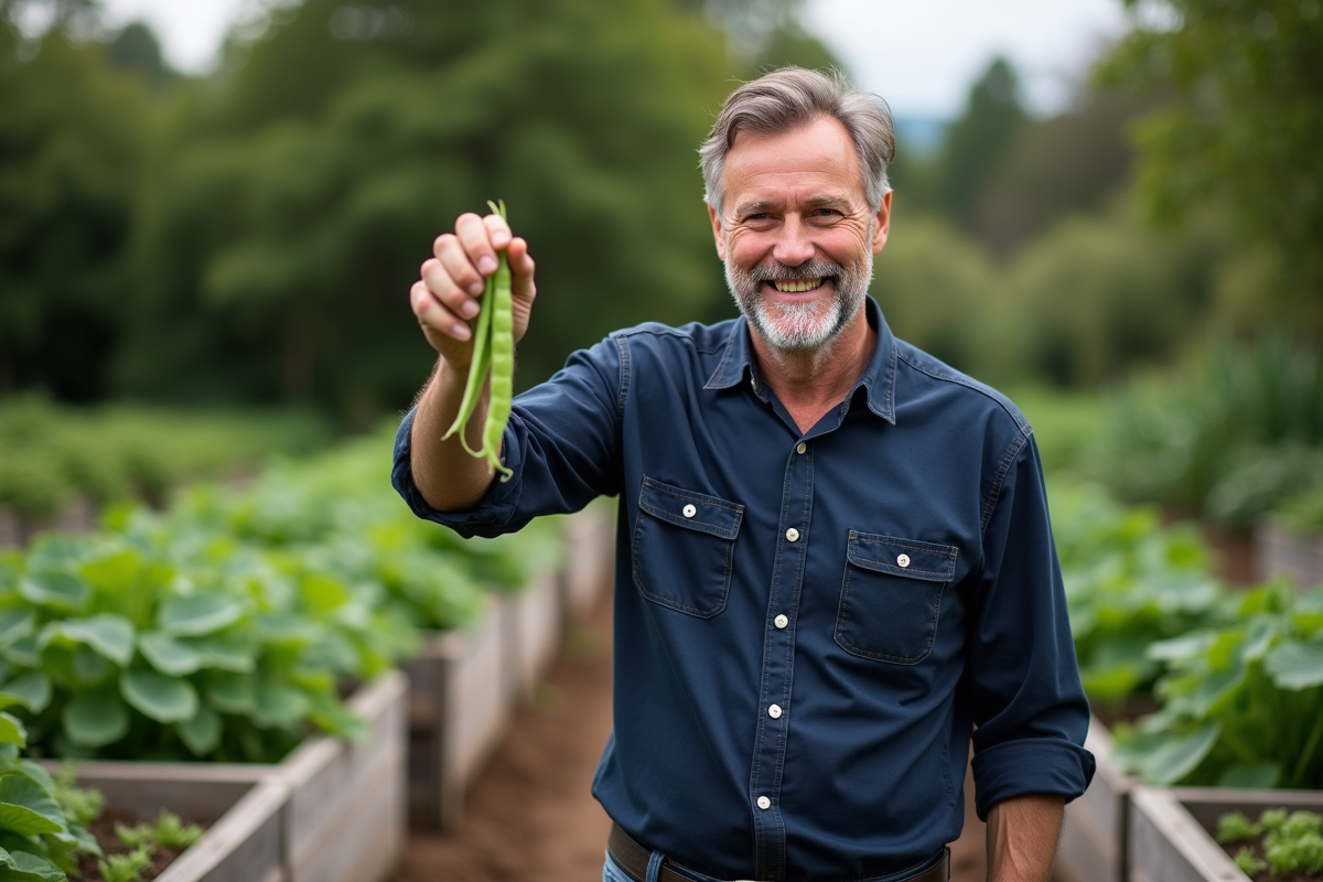 Homme dans un jardin récoltant des pois frais
