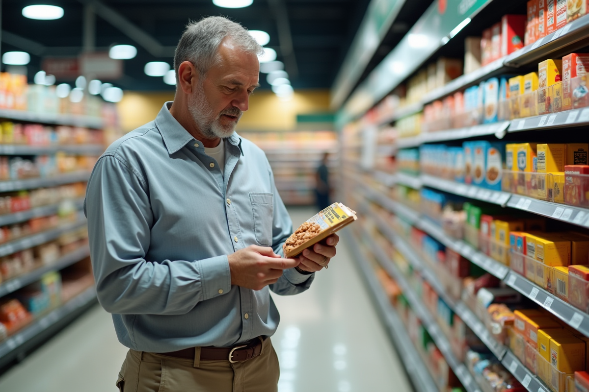 Homme examinant une étiquette nutrition dans un supermarché
