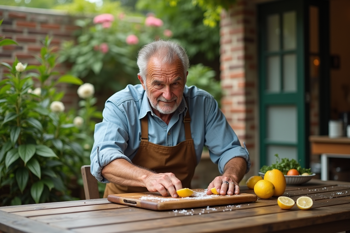 Homme âgé nettoyant une planche en bois avec citron dans le jardin