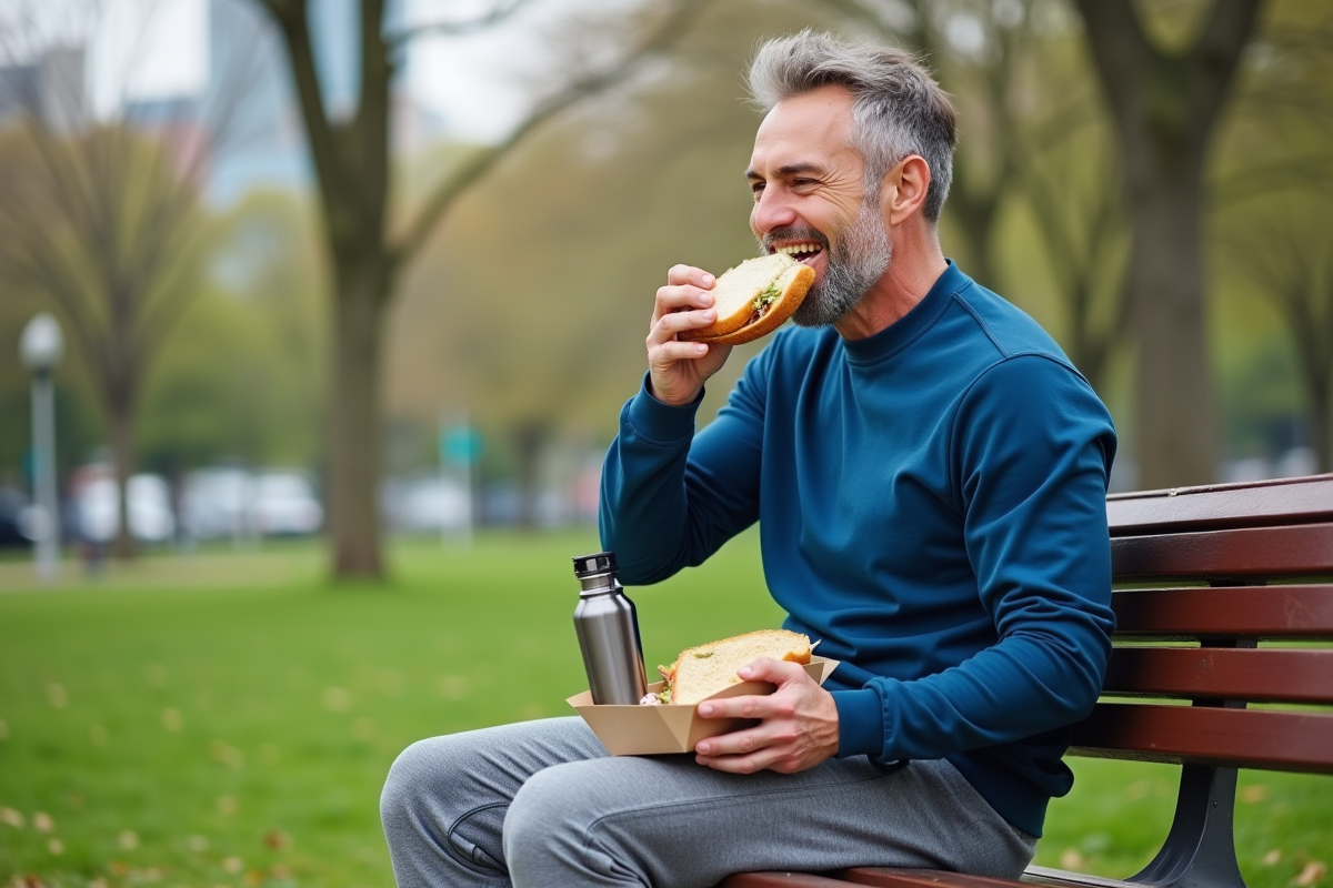 Homme en tenue sportive dégustant un sandwich au parc