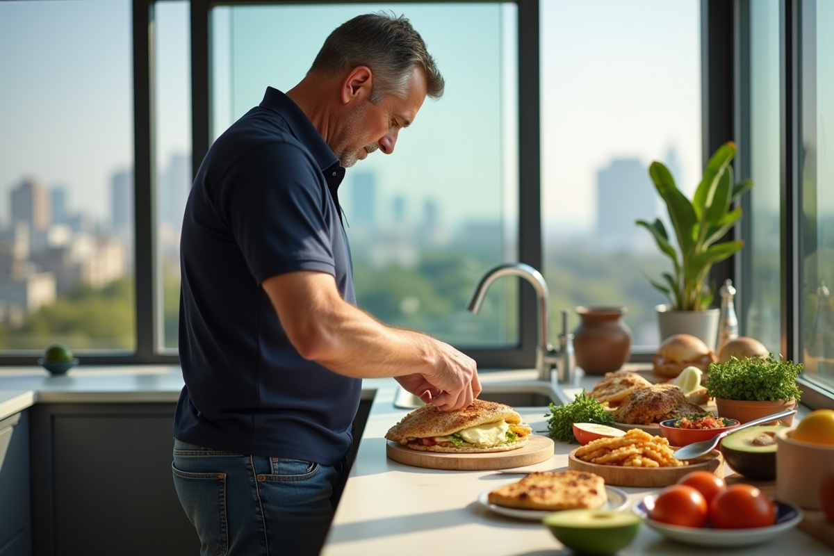 Homme préparant un wrap santé dans une cuisine urbaine