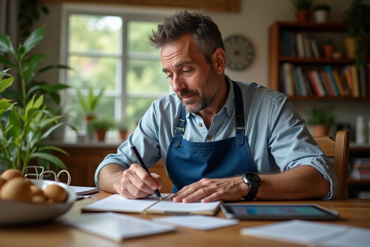 Homme prenant des notes avec une tablette en cuisine