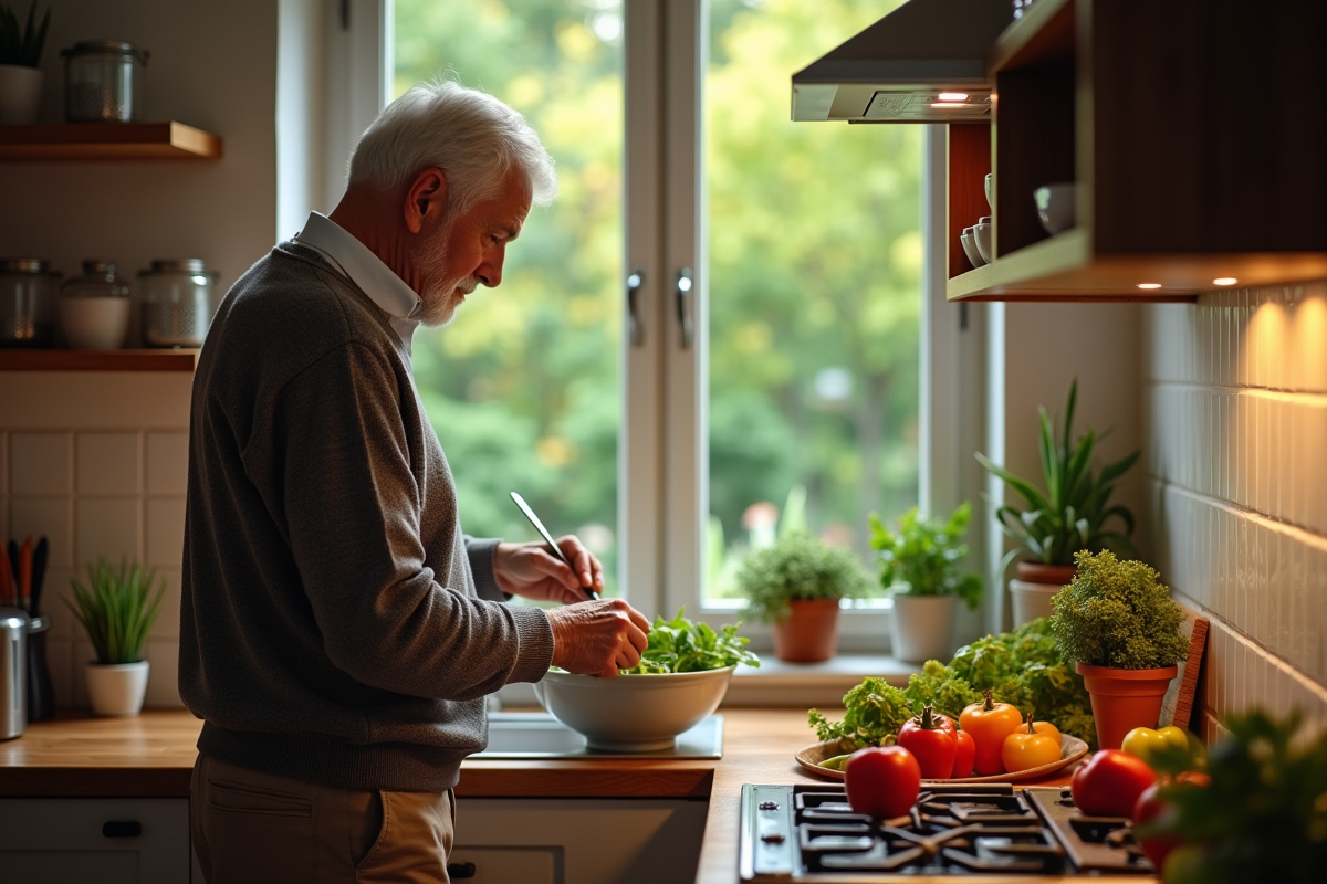 Homme âgé préparant une salade de légumes dans la cuisine