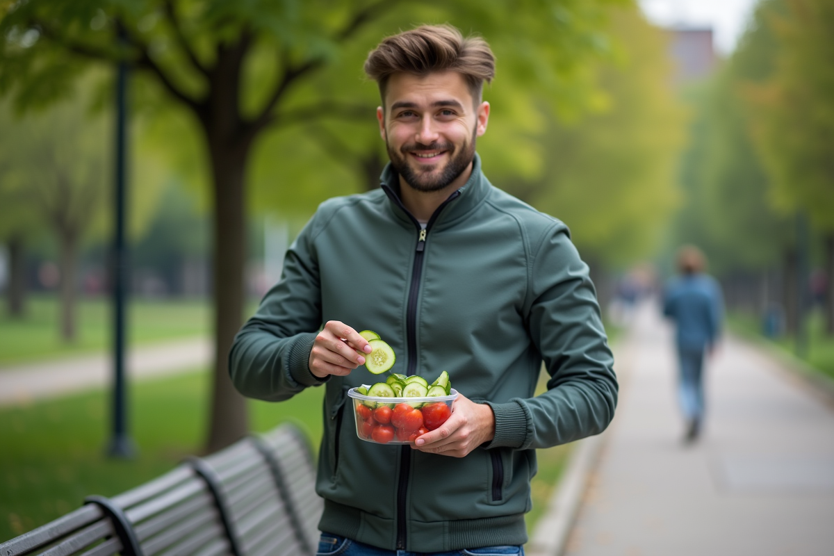 Homme offrant une tranche de concombre dans un parc urbain