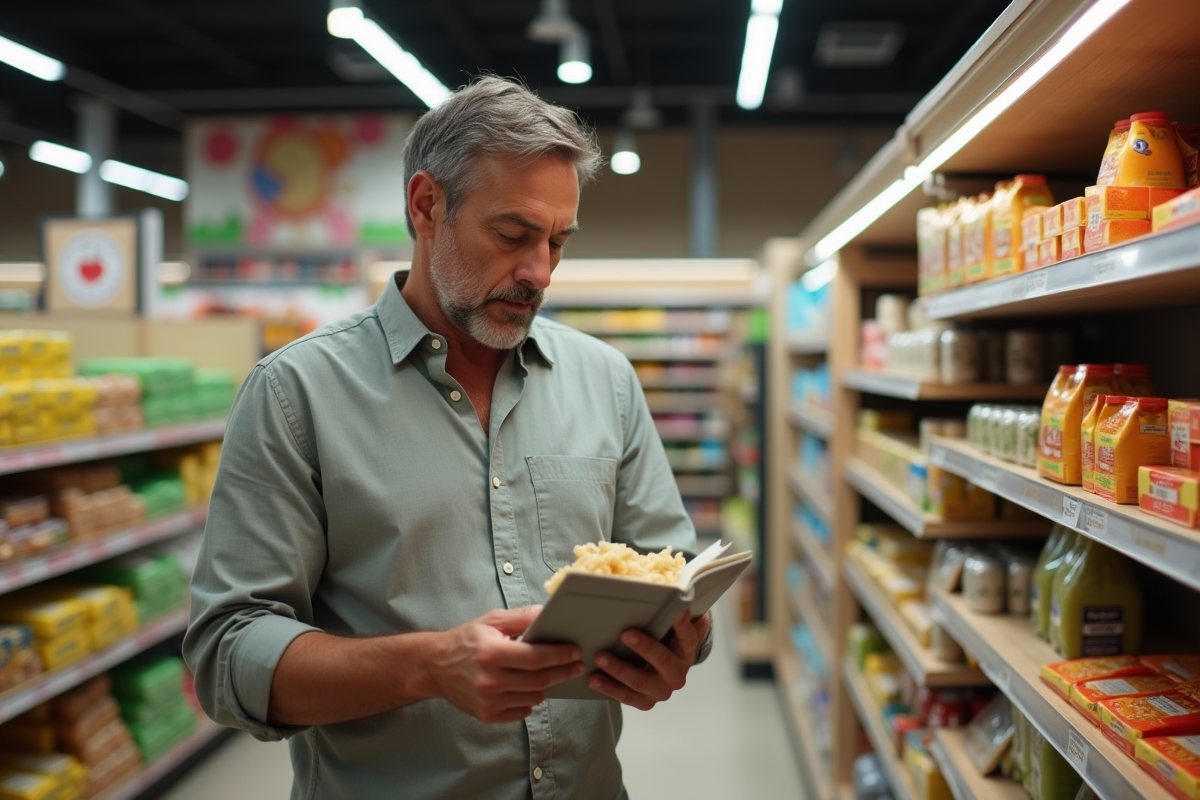 Homme lit une étiquette nutritionnelle dans un supermarché