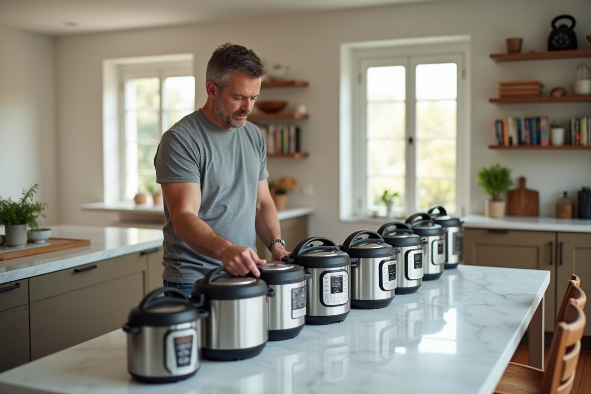 Homme comparant plusieurs cocottes dans la cuisine